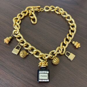 Vintage Gold-Tone Chunky Chain Necklace with Perfume Bottle, Locks & Beads Charm
